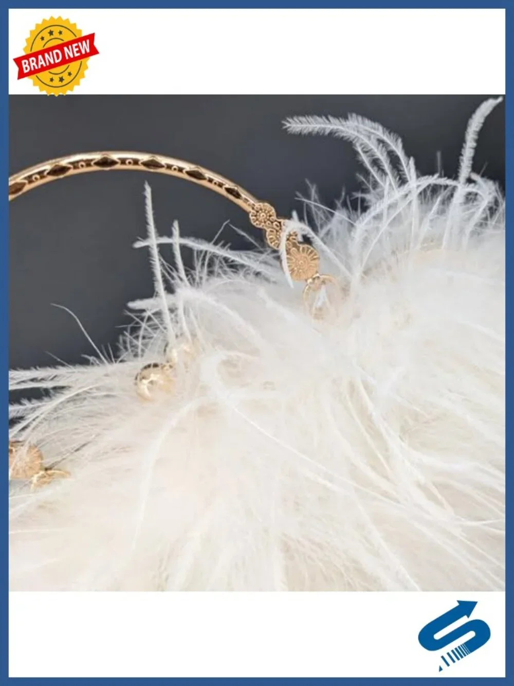 Natural Feather Evening Clutch with Golden Handle Vintage Fluffy Handbag